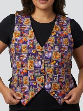 Vintage 111 Main Halloween Vest Women's Plus Size 1X Spooky Printed Novelty